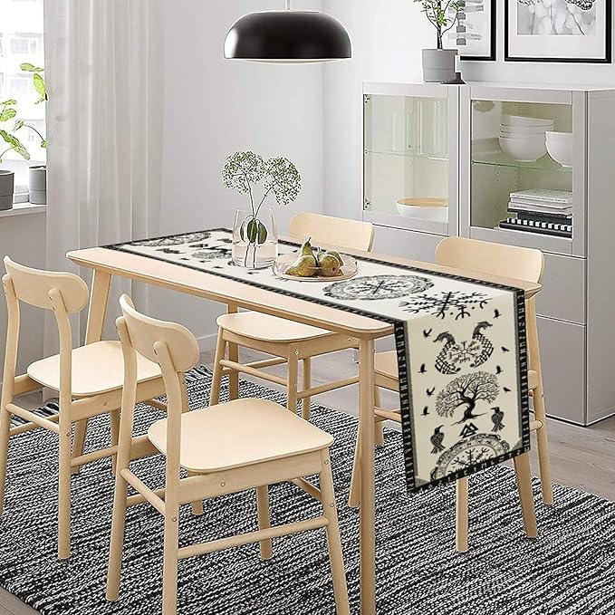 Ancient Abstract Pattern Table Runner, Tree of Life Eagle Dragon Boat Rudder Black and White Table Runner 13x108 Inch