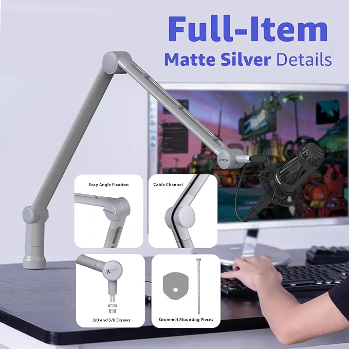 IXTECH Boom Arm - Adjustable 360° Rotatable Microphone Sturdy Stainless Steel Mic Desk, Table Stand Foldable Scissor Stable Mount Arms for Radio Studio, Podcast, Gaming (MATTE SILVER)
