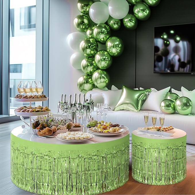 8 Pack Light Green Table Skirts, 29x108" Metallic Foil Tinsel Fringe Table Skirts for Rectangle Tables Streamer Curtains Backdrop, Party Decorations for Birthdays Weddings Holidays