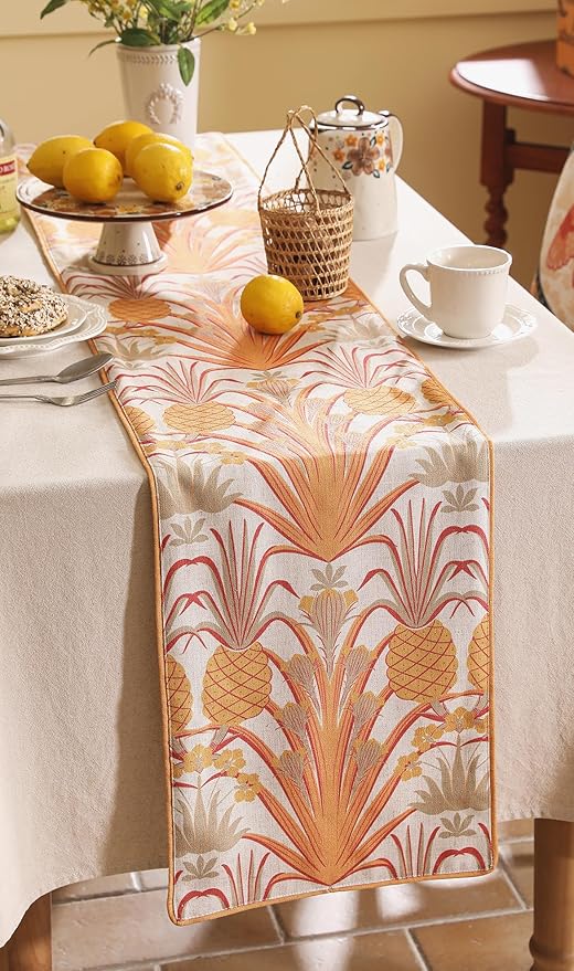 patdrea Designer Tropical Linen Table Runner 87 Inch Long, Yellow Vintage Elegant with Pineapple Pattern Table Mat,Decoration for Kitchen Dining Coffee Table Cover Banquet Christmas , 12"*87"
