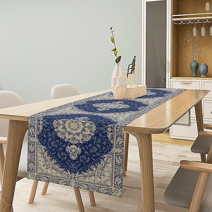 Boho Bohemia Style Dark Blue Table Runner, Country Rustic Farmhouse Magical Abstract Print Pattern for Home Kitchen Table Decor Dining Coffee Room Garden Party Decor 13x72in