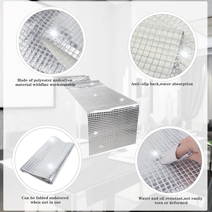 12 x 108 Inches Glitter Disco Table Runner - Retro 70s 80s Theme Decor - Silver Sequin - Bachelorette & Wedding Party Supplies