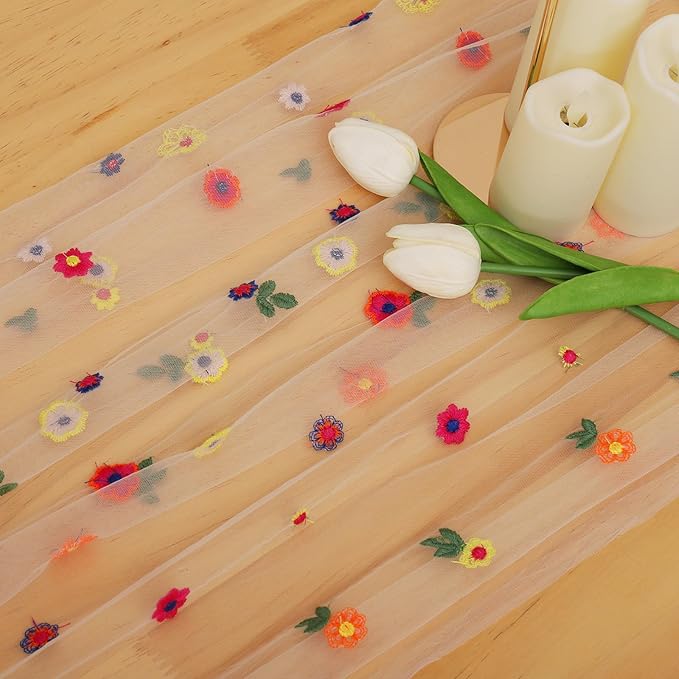 BINBE 1pcs Champagne Daisy Fall Table Runner Embroidery Gauze 10FT Florals Seasonal Tulle Holiday Birthday Kitchen Dining Table Decor for Home Party