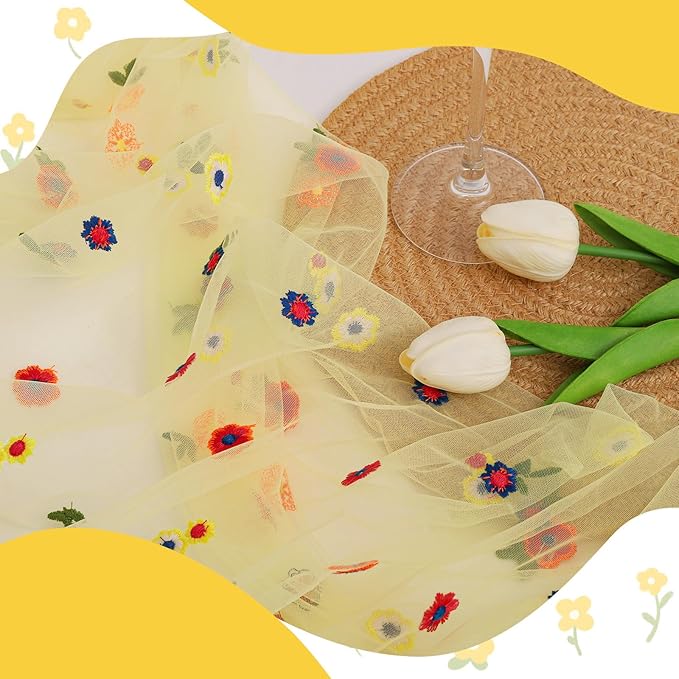 BINBE 3pcs Daisy Fall Table Runner Embroidery Gauze 10FT Florals Seasonal Tulle Holiday Birthday Kitchen Dining Table Decor for Home Party Yellow