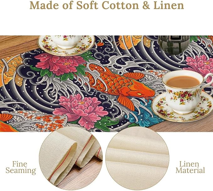 Japanese Retro Flowers Table Runner Oriental Tradition Kio Fish Art Printed Burlap Runner Home Kitchen Dining Table Living Room Decor Fabric 1 Panel W13xL108in