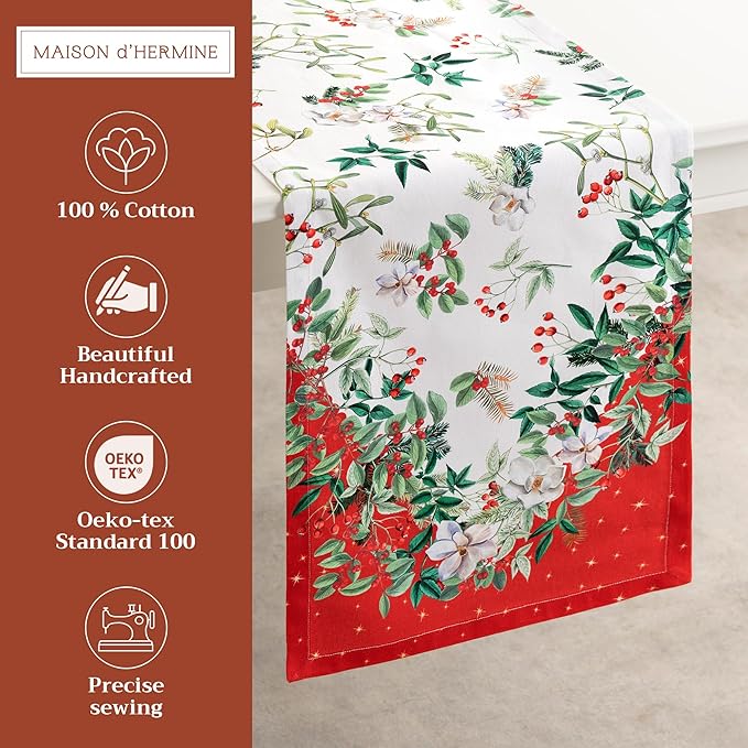 Maison d' Hermine Table Runner 100% Cotton Single Layer Table Runners 72 inches Long for Thanksgiving Christmas Decorations Home Kitchen Dining Party Wedding (Noel, 14.5" x 72")
