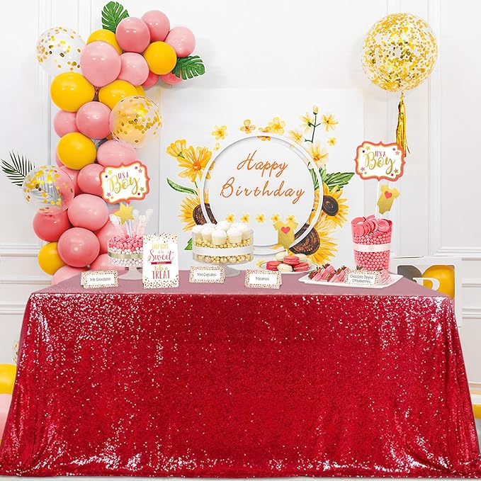 QueenDream Sequin Tablecloth 60x102 Inch Red Tablecloth Glitter Table Cloth for Bridal Shower Birthday Engagement Wedding Party Decorations