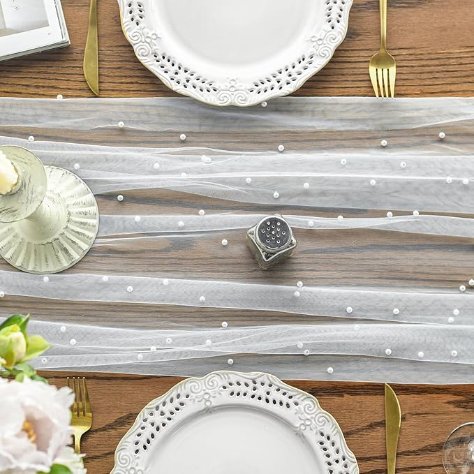 Artoid Mode 6PCS Pearl Gauze Table Runner 120 Inch 10FT, Seasonal Sheer Dining Holiday Wedding Birthday Baby Shower Table Decor for Home Party