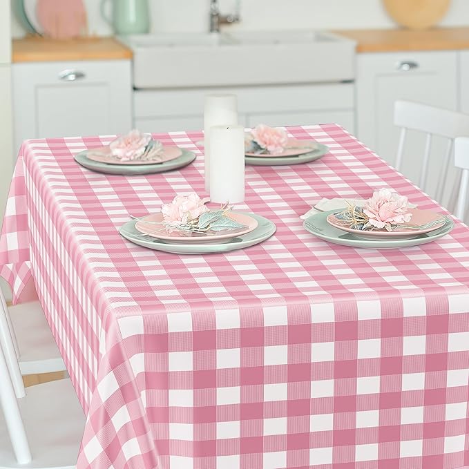 4Pack Pink Table Cloth, 54" x 108" Plastic Table Cloth Disposable, Waterproof Picnic Table Cover Checkered Rectangle Tablecloths for Indoor Outdoor Picnic Birthday Party Supplies Gathering BBQ Holiday