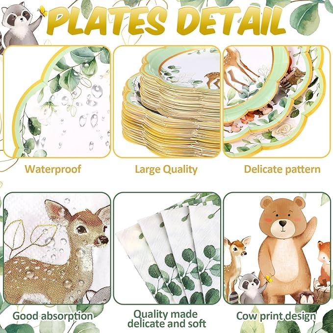 452 Pcs Woodland Party Decoration for 50, Woodland Animal Baby Shower Paper Plates Napkins Cups Tablecloth Cutlery Straws for Forest Wild Safari Birthday Gender Reveal Party Supplies