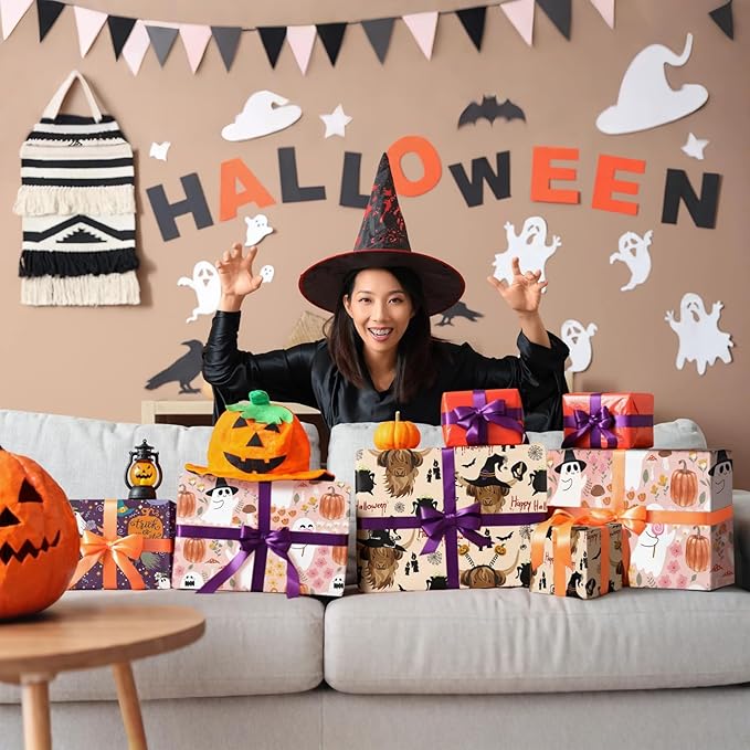 LeZakaa Funny Halloween Wrapping Paper Roll for Kids, Highland Cow Design with Witches Bats Pumpkins for Fall Party, Halloween Trick-or-Treat Gifts Decor, Mini Roll 17 in x 16.4 Ft