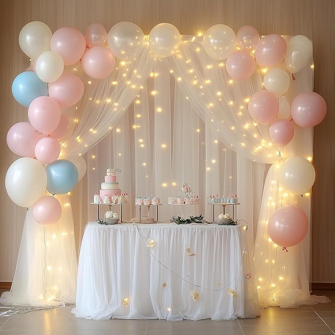 Tulle Backdrop Curtain with Lights String 30 X 8FT Ivory Sheer Tulle Backdrop Curtains for Wedding Birthday Party Reception Photo Booth Background Decorations (6 Panels 5x8FT)