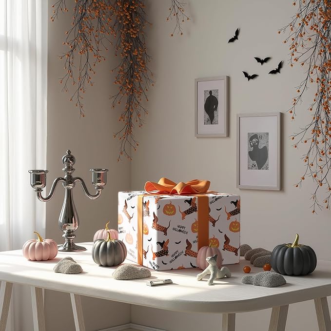 LeZakaa Halloween Dachshund Wrapping Paper Roll, Cute Dachshund Dogs with Pumpkins Bats for Pet Lovers, Kids, Family, Party, Trick-or-Treat Presents, Mini Roll 17 in x 16.4 Ft