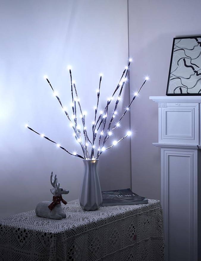 Lighted Branches for Vases Plug in - 6 Pack 24Inch 60 LED Christmas DIY Twig Pathway Lights, Artificial Tree Bendable Xmas Fairy Lights with Stakes for Outdoor Indoor Party Decoration, Pure White