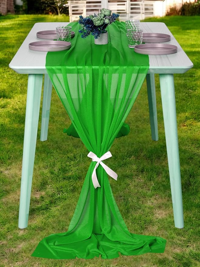 MDS 15 Pack 10ft Chiffon Table Runner 29 x 120 Inches Sheer Wedding Runner Romantic Rustic Table Runner for Wedding Decorations, Birthday Parties, Bridal Shower Party Arch Decor - Green