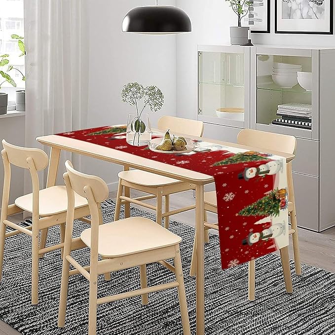Christmas Table Runner,Snowman Rustic Red Snowflake Winter Table Cloth Kitchen Dining Table Decoration for Home Party Decor 13x120 Inch