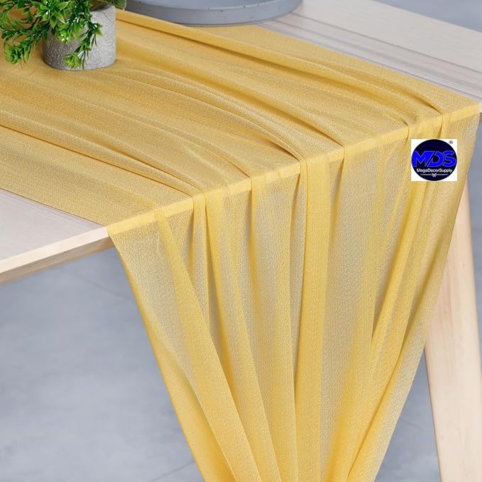 MDS 10 Pack 10ft Chiffon Table Runner 29 x 120 Inches Sheer Wedding Runner Romantic Rustic Table Runner for Wedding Decorations, Birthday Parties, Bridal Shower Party Arch Decor - Gold