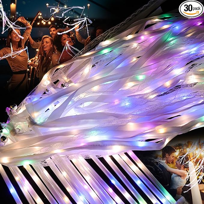 30 Pieces Light up Wedding Wands with Ribbons & Bells –LED Silk Wedd Fairy Wands Streamers with Warm White & Colorful Lights for Wedding Send Off Ideas, Parties, and Celebrations