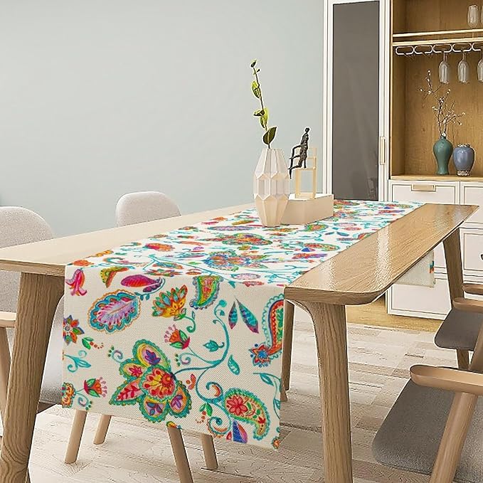 Paisley Table Runner, Watercolor Floral Oriental Indian Traditional Tulips Leaves Bohemian Paisley Print Table Runner for Kitchen Dining Tables Party Decor, 13x120inch