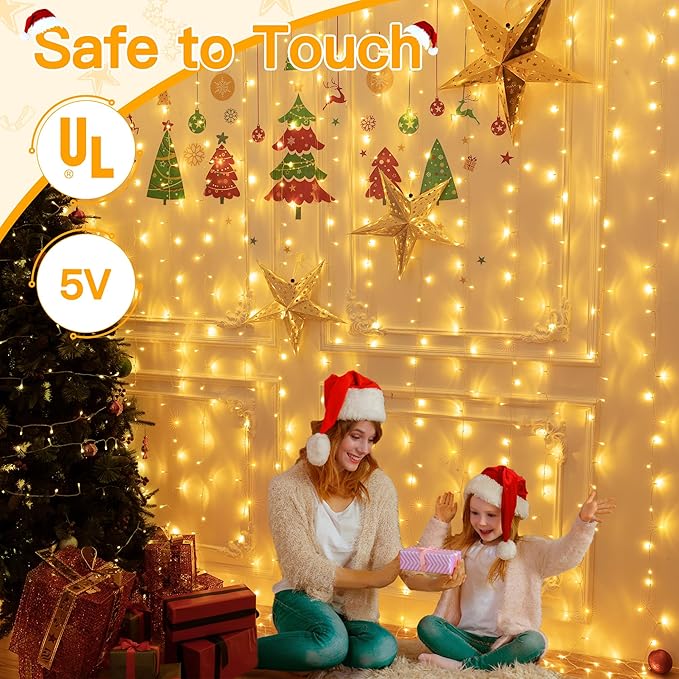 Ollny Curtain Lights 6.6x6.6ft, 200 LED String Lights with Remote 8 Modes Dimmable Timer, USB Power Fairy Light for Bedroom Backdrop Indoor Wall Window Wedding Decor, Warm White