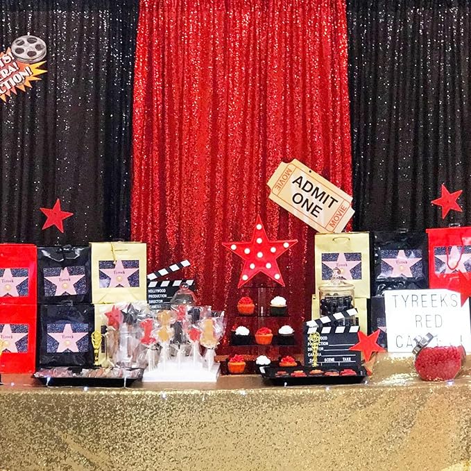 Red Curtains Birthday Sequin Backdrop, 3 Pack 2ft x 8ft Party Photography Background Drapes Christmas Decorations