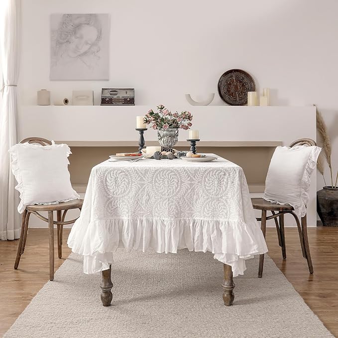 patdrea Vintage Ruffle Tablecloth for Rectangle Tables,Farmhouse Embroidered Cotton White Lace Table Cloth Cover Decor for Dining Room Wedding Banquet Thanksgiving Christmas,63"*106"