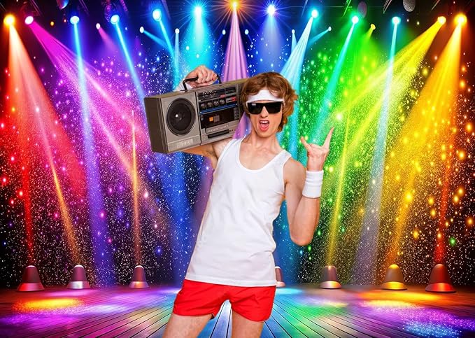 LTLYH 7x5ft Fabric Disco Rainbow Stage 70s 80s 90s Backdrop Vintage Lights Photography Background Rock Music Club Neon Glow Party Decorations Photo Banner 312