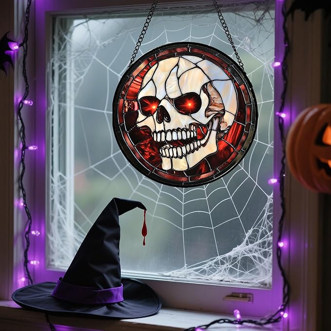 Stained Glass Window Hanging - Halloween Decorations White Skeleton Suncatcher for Doors Garden Indoor Spooky Funny Red Sun Catchers Gothic Decor Horror Gifts for Women Men Friend 7.8 in