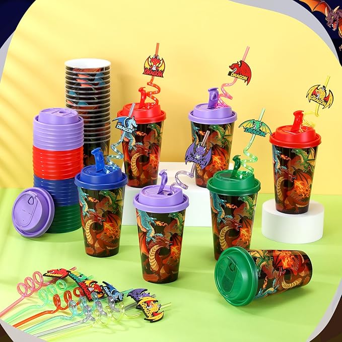 Yungyan 16 Sets Dragon Party Favors Goodie Cups with Lids and Straws for Birthday Decorations Reusable 16oz Plastic Candy Cups Plastic Straws for Birthday Party (Dragon)