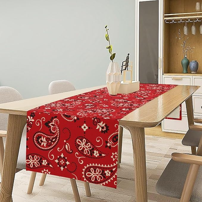 Paisley Table Runner, Boho Vintage Western Red Paisley Flower Print Table Runner for Kitchen Dining Table Wedding Holiday Party Decor, 13x90inch