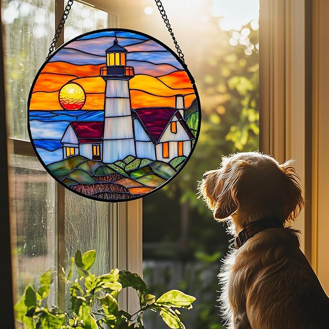 Stained Glass Window Hanging - Sea Lighthouse Suncatcher for Door Terrace Garden Home Decor Sunset Beach Scenery Sun Catcher Birthday Gifts for Lovers Women Men Dad Mom Nana 9.8 in