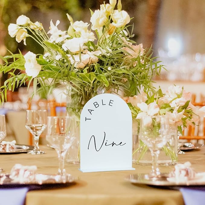 JINMURY White Arch Wedding Table Numbers 1-15 with Stands, 5x7 Inch Acrylic Arch Sign with Black Lettering, White Acrylic Table Numbers for Wedding Reception