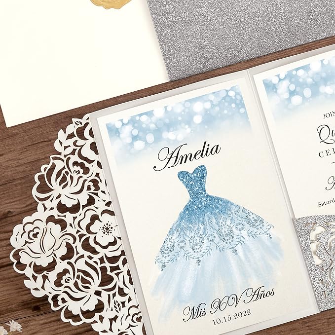 DORIS HOME 50pcs Laser Cut Quinceanera Invitations Silver Glitter, 4.7x7.1 Personalized Quince Invitations for 15th Birthday, Invitation cards for Sweet 16 with Envelopes