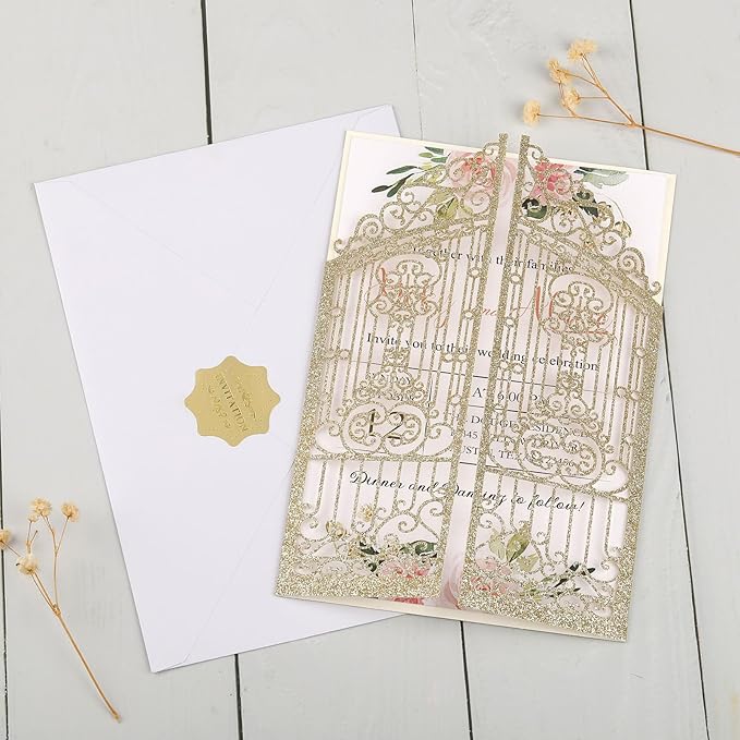 50PCS Gold Glitter Wedding Invitations Laser Cut Invitations with Envelopes and Rsvp Cards Personalized Inserts for Quinceanera Bridal Baby Shower Anniversary Birthday Engagement Fence Fold Design
