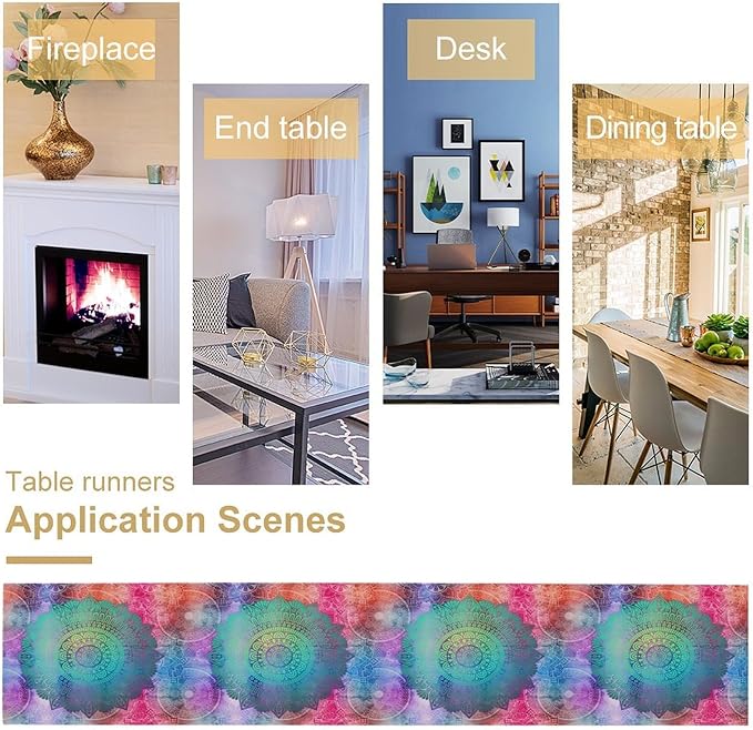 Green Mandala Table Runner, Bohemian Vintage Colorful Exotic Colorful Floral Print Table Runner for Wedding Dining Table Holiday Party Kitchen Home Decor, 13x60inch