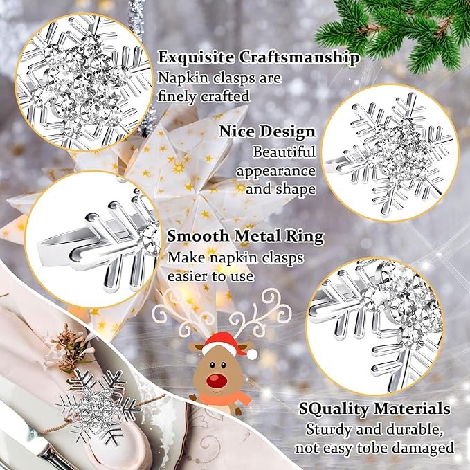 Halatool Christmas Napkin Rings Set of 8, Silver Snowflake with White Rhinestone Napkin Holder for Christmas Thanksgiving Winter Holiday Place Setting, Weddings, Party Table Decoration