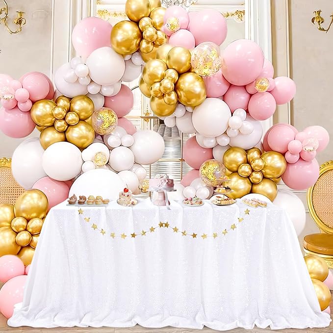 QueenDream White Sequin Tablecloth Rectangle 90 x 156 Inch Table Cloth for Wedding Bridal Shower Party Decorations