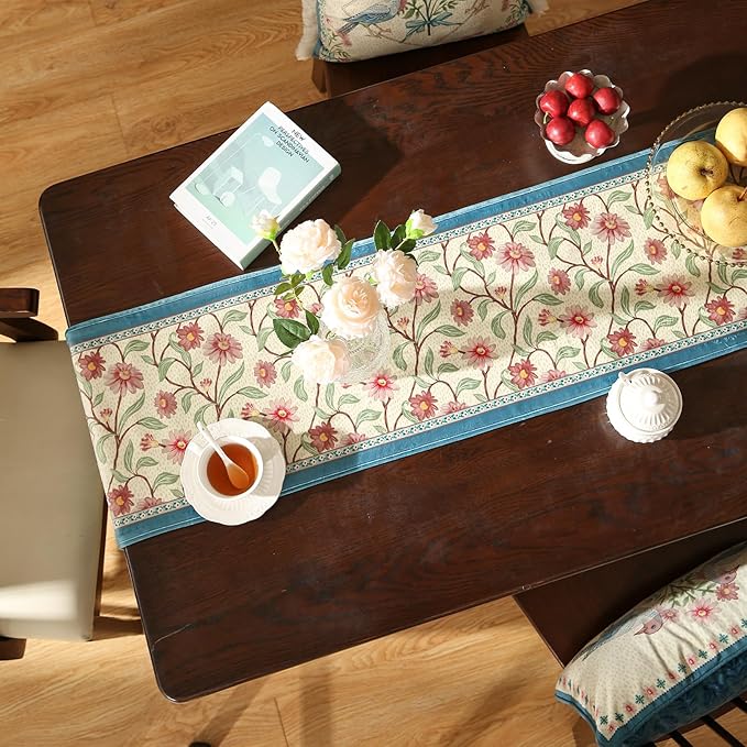 patdrea Designer French Elegant Wild Flowers Velvet Table Runner 102 Inch Long, Beige Pink Floral Table Mat, Decoration for Kitchen Dining Coffee Table Cabinet Banquet Thanksgiving,12"*102"