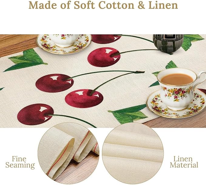 Red Cherry Table Runner Watercolor Tropical Fruit Spring Summer Wild Berry Dinner Runner for Girl Baby Party Holiday Home Kitchen Dining Table Decor 13x108