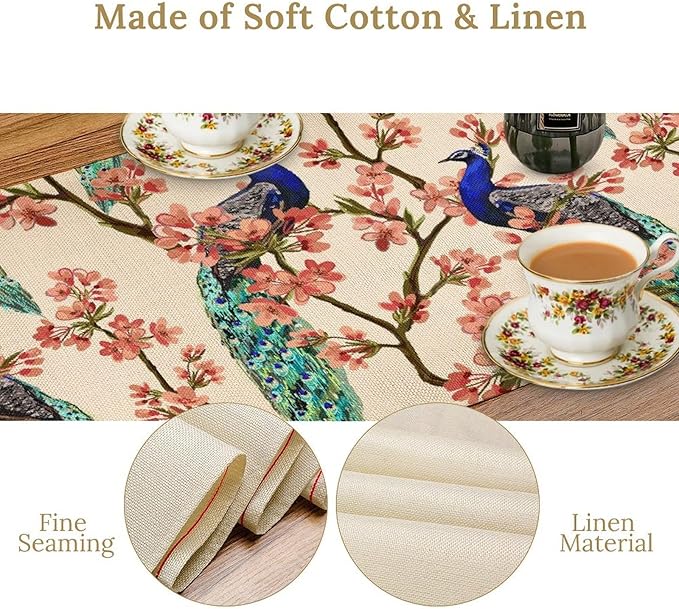 Peacock Table Runner,Spring Floral Peacock Birds Table Runner for Home Kitchen Dining Party Indoor Outdoor Decoration 13x120 Inch