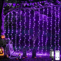 JMEXSUSS 300LED Purple Halloween Lights with Remote, Curtain Hanging Light Plug in, 8 Modes Purple String Lights for Bedroom Window Wall Party Backdrop Christmas Halloween Decorations