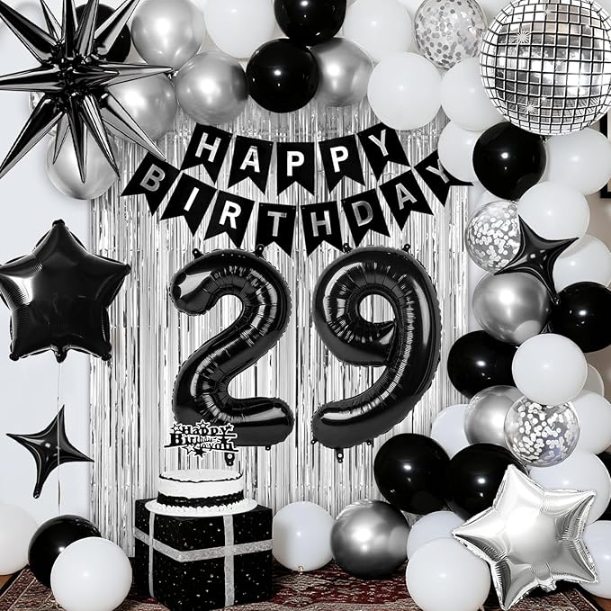 29th Birthday Decorations for Men Women, Black Silver Happy Birthday Party Decorations， 29 Year Old Party Supplies with Number 29 Balloons, Banner, Fringe Curtains Kit