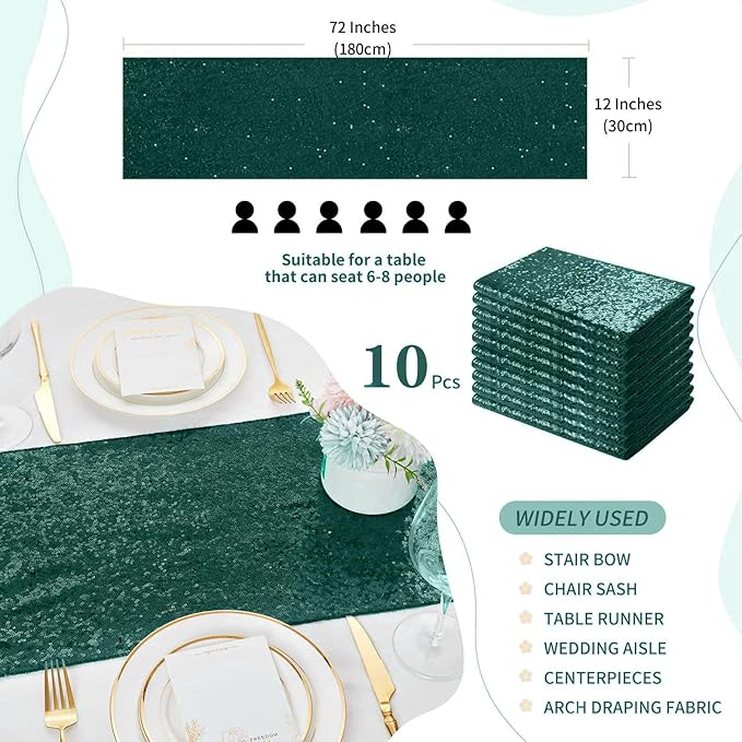 Sequin Table Runners 10 Pieces Emerald Green Table Runners 12x72 Inch Glitter Dining Table Cover for Party Wedding Birthday Reception Banquet Decoration Spring Party Chair Sashes