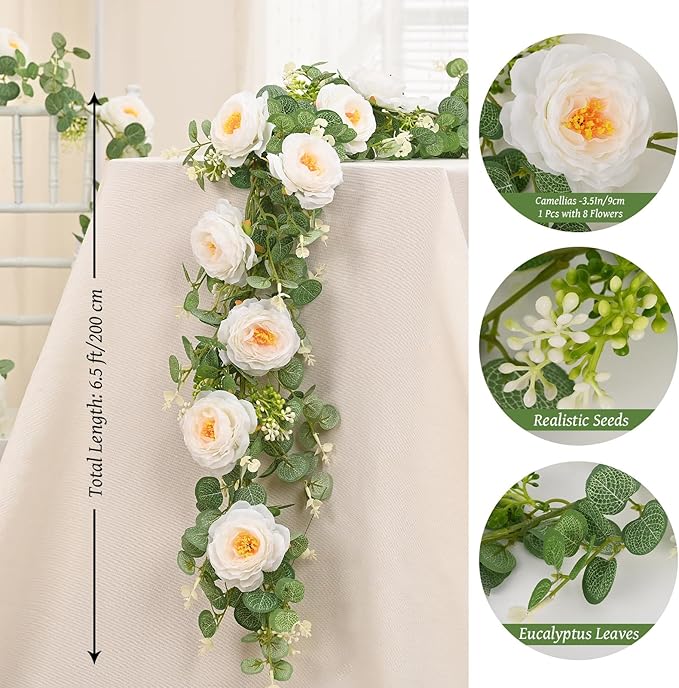 Dolicer 2Pcs 13Ft Artificial Eucalyptus Garlands with Flowers, Faux Floral Greenery Garlands Fake Flowers Vines for Wedding Table Centerpieces Arch Party Ceremony Backdrop Decor (White)