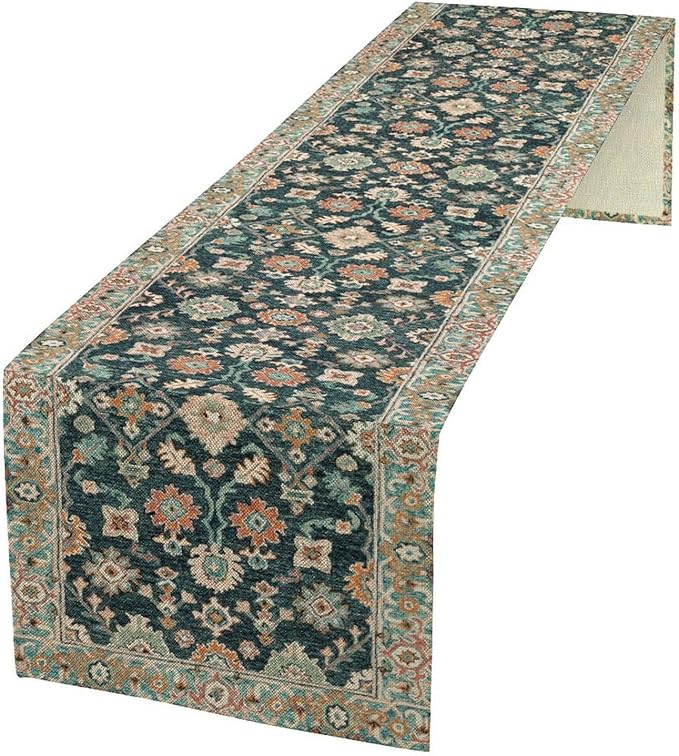 Vintage Boho Floral Table Runner, Rustic Country Farmhouse Blue Teal Red Bohemia Flower Pattern for Home Kitchen Table Decor Dining Coffee Room Party Decor 13x60in