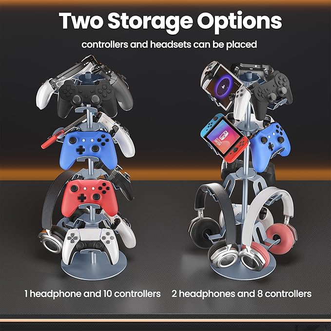 4 Tier Aluminum Alloy Game Controller Stand, Rotatable Gaming Controller Headset Holder Compatible with PS5 Xbox Nintendo Switch PS4, Controller Headphone Stand Organizer Rack for desk, Grey