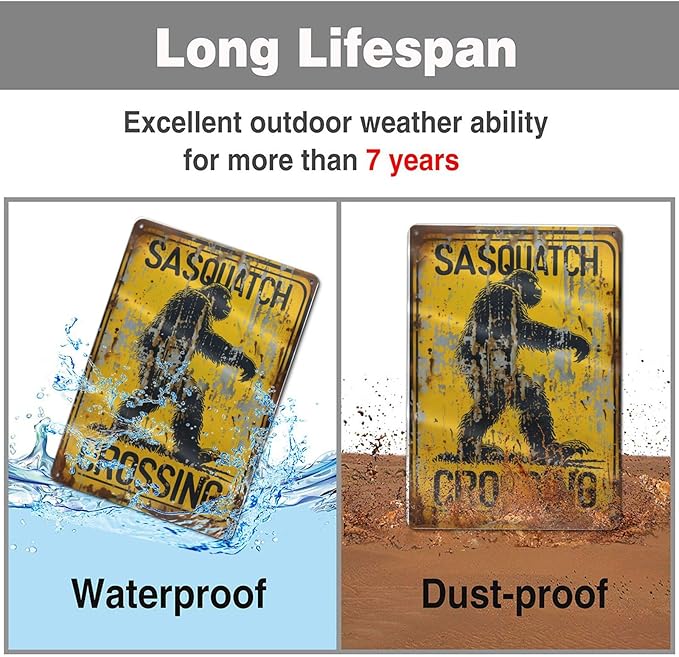 Retro Funny Metal Tin Sign - "Sasquatch Crossing" Outdoor Wall Décor, Vintage Sign for Home, Garden, Garage, or Cabin Decoration, 8 x 12 Inches