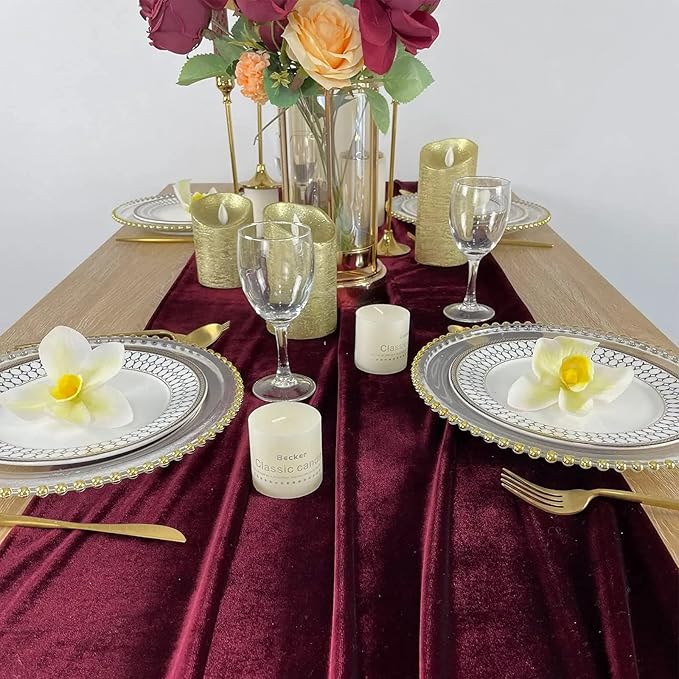 Luxurious Velvet Table Runner, 10ft Wedding Reception Decorations, 20x120inch Soft Velvet Fabric, Table Linen Overlay, Wedding Table Runners (Burgundy, 20X120inch, 5pack)