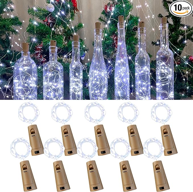 Wine Bottle Lights with Cork, 20 LEDs 6.6 Feet Silver Wire Cork Bottle Lights,Fairy Mini String Lights,for DIY Jar Halloween,Christmas,Party,Decor,Wedding Listing (10 Pack, Cool White)