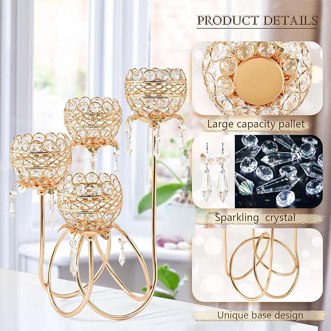 4 Arms Crystal Candelabra Tealight Holder - Tall 15.7 Inch Elegant Centerpiece with Crystal Pendant Bowls & Artistic Metal Stand for Wedding, Dining Table, Home Decor (1, Gold)
